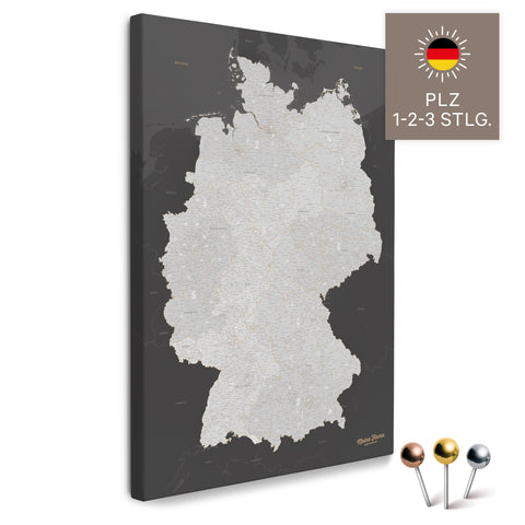 Deutschland-Karte mit Postleitzahlen 1-2-3-stellig in Dunkelgrau als Pinnwand Leinwand zum Pinnen und Markieren  kaufen