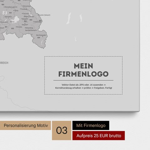 Deutschland-Karte mit Postleitzahlen als Pinn-Leinwand in Coolgray (Hellgrau) mit Eindruck des Firmenlogos