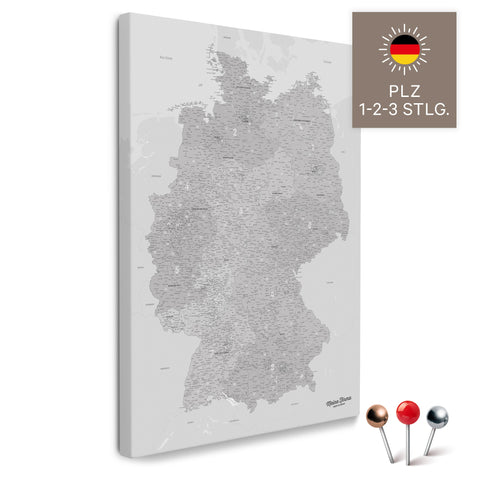 Deutschland-Karte mit Postleitzahlen 1-2-3-stellig in Coolgray (Hellgrau) als Pinnwand Leinwand zum Pinnen und Markieren  kaufen