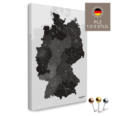 Deutschland-Karte mit Postleitzahlen 1-2-3-stellig in Light Black als Pinnwand Leinwand zum Pinnen und Markieren  kaufen
