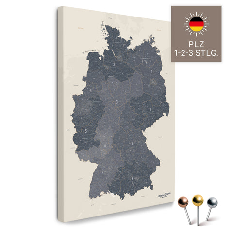 Deutschland-Karte mit Postleitzahlen 1-2-3-stellig in Navy Light als Pinnwand Leinwand zum Pinnen und Markieren  kaufen