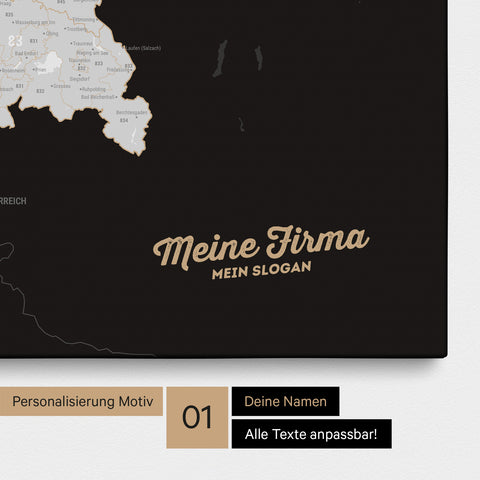 Deutschland-Karte mit Postleitzahlen als Pinnwand Leinwand in Schwarz-Weiss mit Personalisierung und Eindruck von Namen