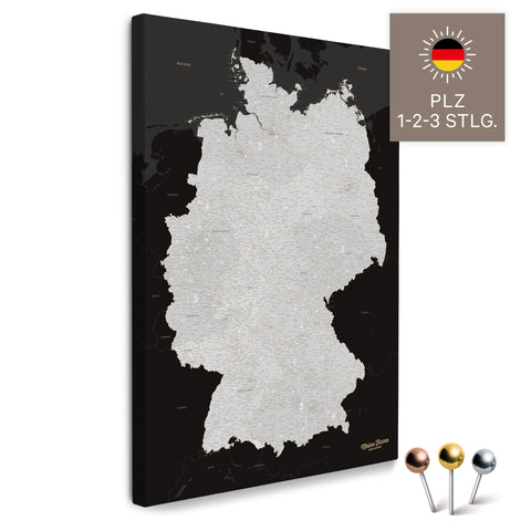 Deutschland-Karte mit Postleitzahlen 1-2-3-stellig in Schwarz-Weiss als Pinnwand Leinwand zum Pinnen und Markieren  kaufen