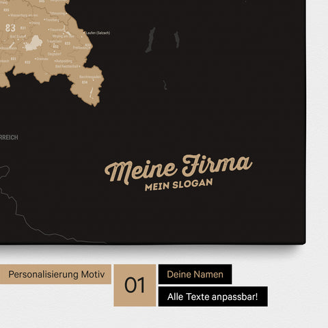 Deutschland-Karte mit Postleitzahlen als Pinnwand Leinwand in Sonar Black mit Personalisierung und Eindruck von Namen