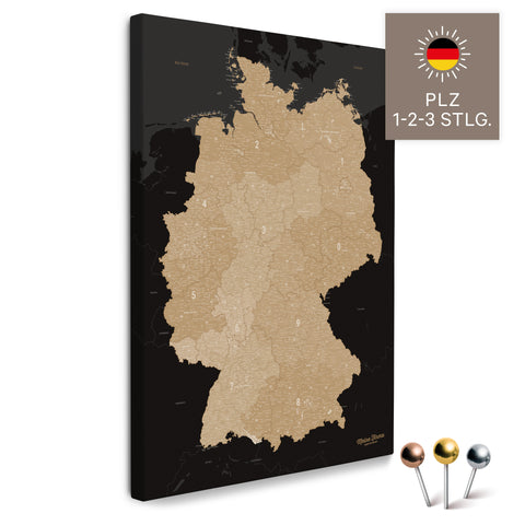 Deutschland-Karte mit Postleitzahlen 1-2-3-stellig in Sonar Black als Pinnwand Leinwand zum Pinnen und Markieren  kaufen