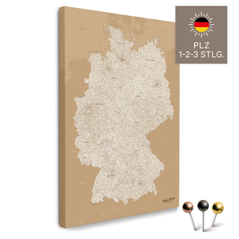 Deutschland-Karte mit Postleitzahlen 1-2-3-stellig in Treasure Gold als Pinnwand Leinwand zum Pinnen und Markieren  kaufen