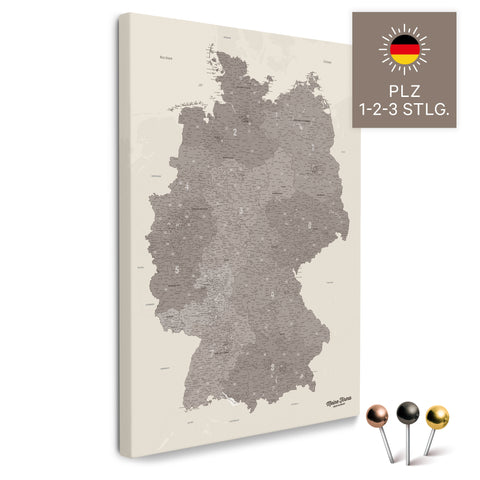 Deutschland-Karte mit Postleitzahlen 1-2-3-stellig in Warmgray (Braun-Grau) als Pinnwand Leinwand zum Pinnen und Markieren  kaufen