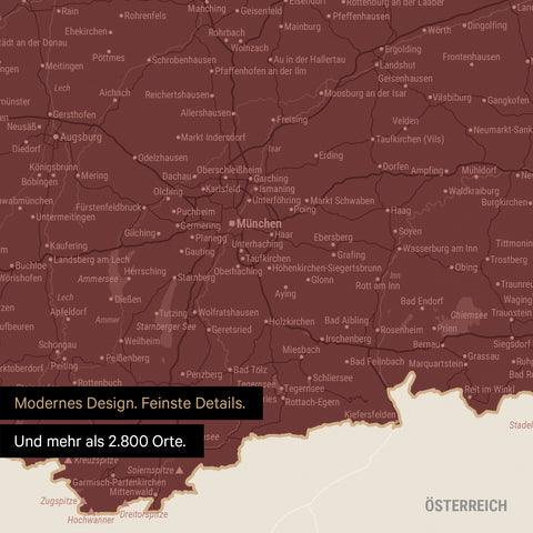 Ausschnitte einer Deutschlandkarte mit Bayern als Poster in Bordeaux Rot mit Bergen, Seen und 2.500 Orten