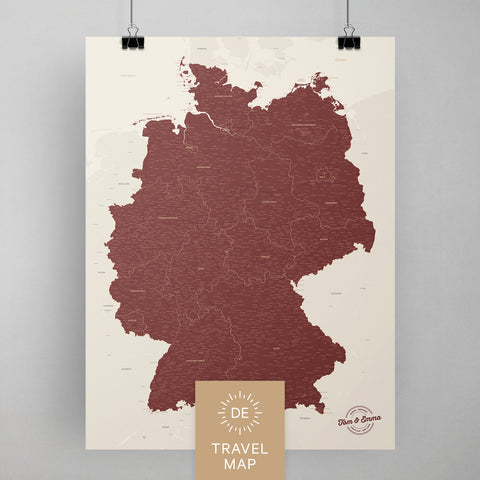 Deutschland-Karte als Poster in Bordeaux Rot zum Pinnen und Markieren von Reisezielen kaufen