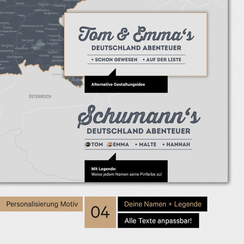 Poster einer Deutschland-Karte in Denim Blue mit Personalisierung als Logo mit Familiennamen