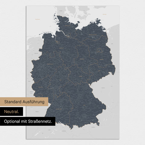 Neutrale und schlichte Standard-Ausführung einer Deutschland-Karte als Poster in Denim Blue