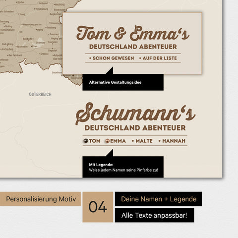 Poster einer Deutschland-Karte in Desert Sand mit Personalisierung als Logo mit Familiennamen