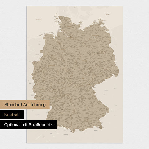 Neutrale und schlichte Standard-Ausführung einer Deutschland-Karte als Poster in Desert Sand