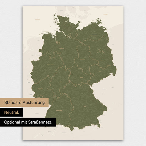 Neutrale und schlichte Standard-Ausführung einer Deutschland-Karte als Poster in Olivgrün