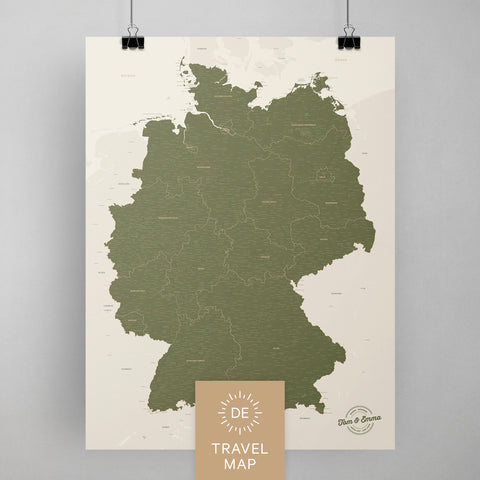 Deutschland-Karte als Poster in Olivgrün zum Pinnen und Markieren von Reisezielen kaufen