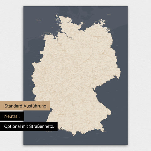 Neutrale und schlichte Standard-Ausführung einer Deutschland-Karte als Poster in Hale Navy