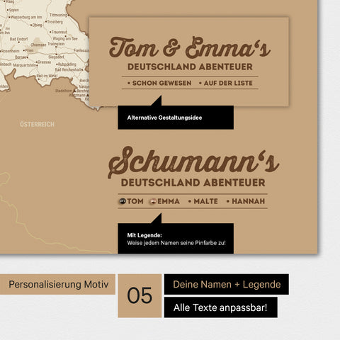 Poster einer Deutschland-Karte in Treasure Gold mit Personalisierung als Logo mit Familiennamen