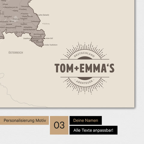 Deutschland-Karte als Poster in Warmgray mit eingedruckten Namen als Logo in Form einer Sonne
