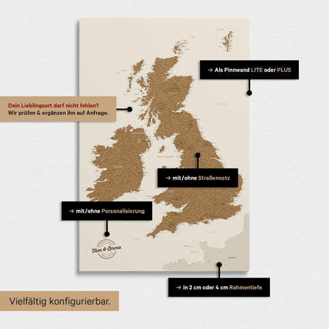 Versatile configuration options for an England & Great Britain map in bronze
