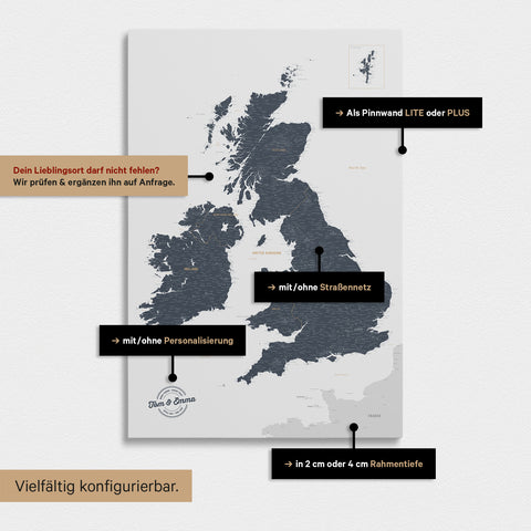 Versatile configuration options for an England & Great Britain map in Denim Blue
