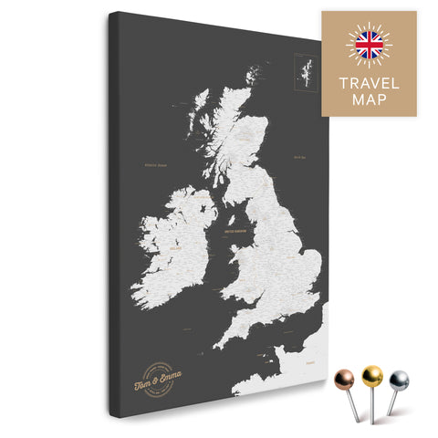 Englandkarte mit Irland in Farbe Dunkelgrau als Pinnwand Leinwand zum Pinnen und Markieren von Reisezielen