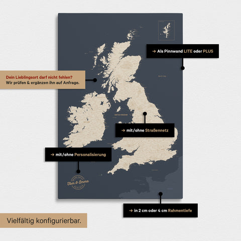Various configuration options for an England & Great Britain map in Hale Navy (blue and gold)