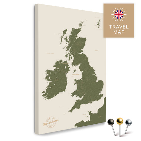 Englandkarte mit Irland in Farbe Olive Green als Pinnwand Leinwand zum Pinnen und Markieren von Reisezielen
