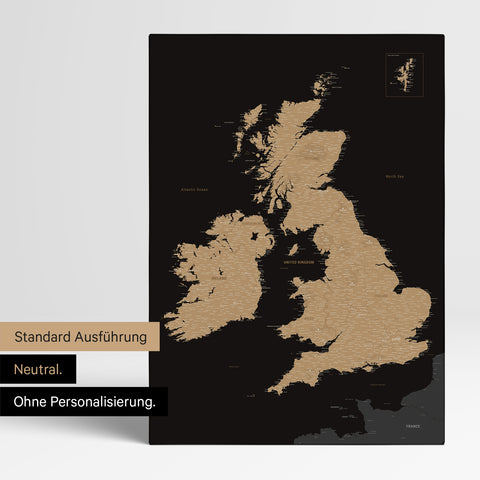 Neutral Version of an England & Great Britain Map in Sonar Black (Black-Gold), without Personalization