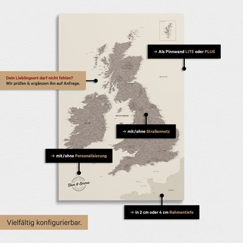 Versatile configuration options for an England & Great Britain map in warm gray