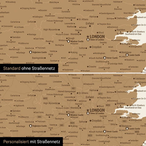 Vergleich einer England-Karte mit und ohne Straßennetz