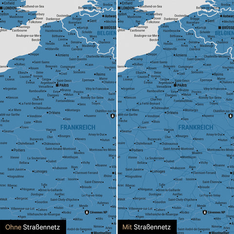Europa-Karte TRAVEL® Pinn-Leinwand – Ocean Blue