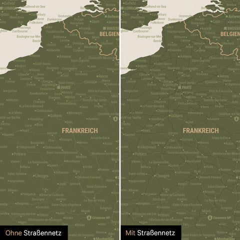 Europa-Karte TRAVEL® Pinn-Leinwand – Olive Green