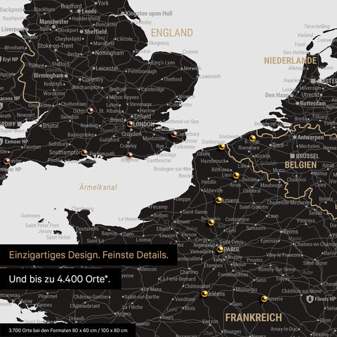 Europa Landkarte in Light Black (Weiß-Schwarz) als Leinwand zum Pinnen zeigt einen Ausschnitt von England, Frankreich und Belgien mit vielen Details wie Nationalparks, Flüssen und zahlreichen kleinen Orten und Städten, die teilweise mit Pins markiert sind