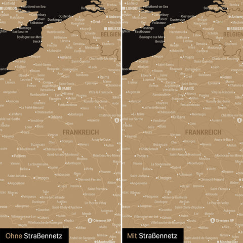 Europa-Karte TRAVEL® Pinn-Leinwand – Sonar Black (Schwarz-Gold)