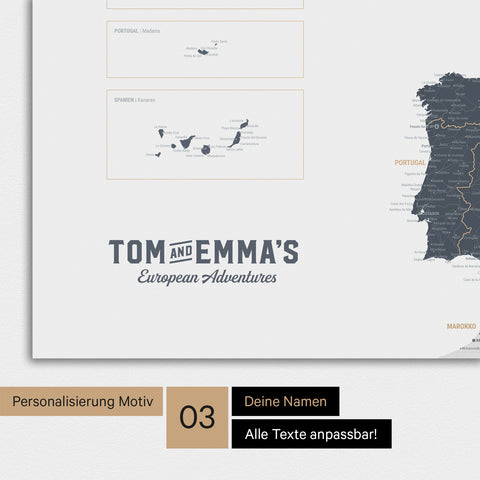 Magnetboard Europakarte in Denim Blue mit Personalisierung im Vintage-Stil