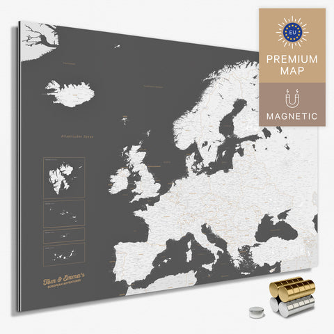 Magnetische Europakarte in der Farbe Dunkelgrau in einem modernen, minimalistischem Design als Magnetboard zum Pinnen und Markieren von Reisezielen kaufen