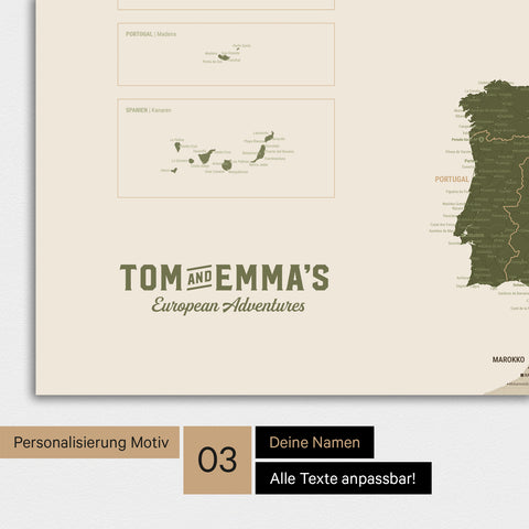 Magnetboard Europakarte in Olive Green mit Personalisierung im Vintage-Stil