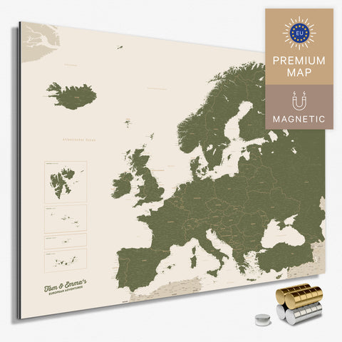 Magnetische Europakarte in der Farbe Olive Green in einem modernen, minimalistischem Design als Magnetboard zum Pinnen und Markieren von Reisezielen kaufen