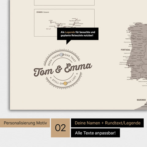 Personalisierte Magnet-Europakarte in Warmgray (Braun-Grau) mit rundem Logo, das eine Legende für bereits besuchte Reiseziele beinhaltet