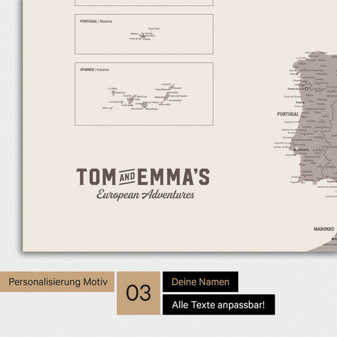 Magnetboard Europakarte in Warmgray (Braun-Grau) mit Personalisierung im Vintage-Stil