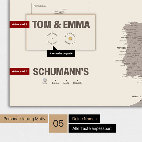 Magnetische Europa-Karte in einem modernen Design in Warmgray (Braun-Grau) als Magnetboard mit Personalisierung als Logo mit einer Weltkugel
