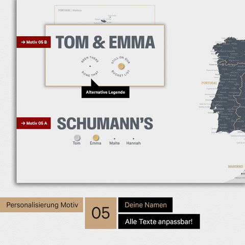 Magnetische Europa-Karte in einem modernen Design in Denim Blue als Magnet-Poster mit Personalisierung als Logo mit einer Weltkugel