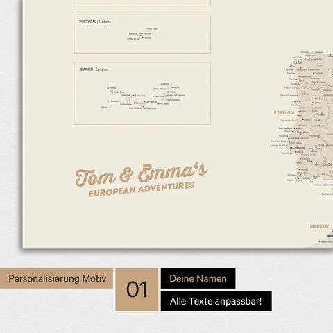 Magnetische Europakarte als Magnet-Poster in Gold mit Personalisierung und Namen in einer modernen Schreibschrift