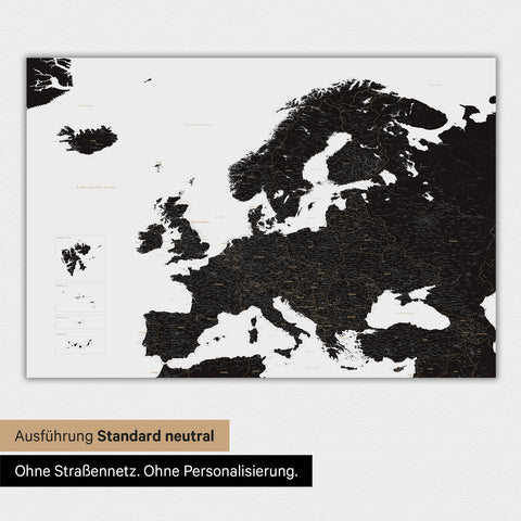 Neutrale und schlichte Ausführung einer Europakarte als Magnet-Poster in Light Black