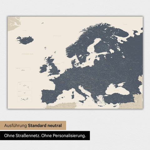 Neutrale und schlichte Ausführung einer Europakarte als Magnet-Poster in Navy Light