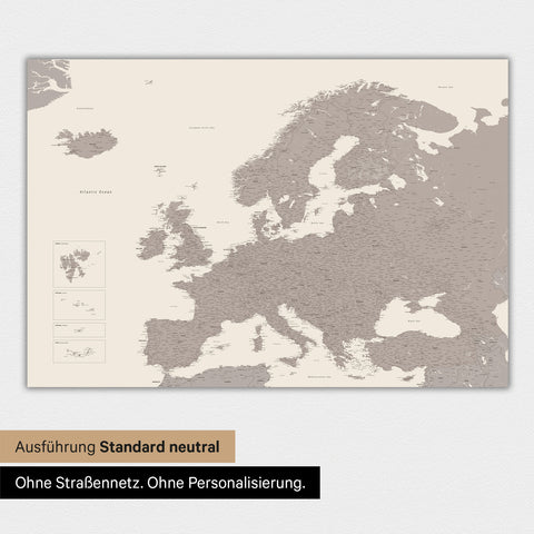 Neutrale und schlichte Ausführung einer Europakarte als Magnet-Poster in Warmgray (Braun-Grau)