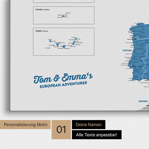 Landkarte von Europa als Pinnwand Leinwand in Blau mit Personalisierung und Namen in einer modernen Schreibschrift