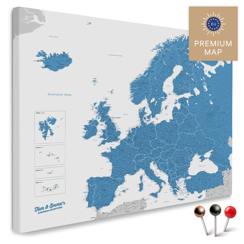 Europakarte in der Farbe Blau in einem modernen, minimalistischem Design als Leinwand zum Pinnen von Reisen und Orten