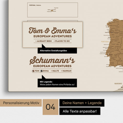 Europa Landkarte als Leinwand in Bronze mit Personalisierung als Logo mit Familiennamen und Legende für Orte, die man bereits besucht hat und noch besuchen möchte