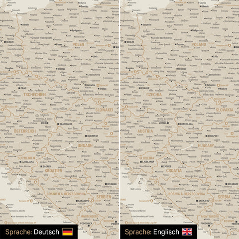 Europa Landkarte Design in Gold wahlweise in deutscher oder englischer Sprache